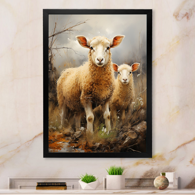 «Beige Sheep Rustic Ruminations II», reproduction d'art sur toile, H 44 po x l 34 po x P 1,5 po, Cadre photo noir