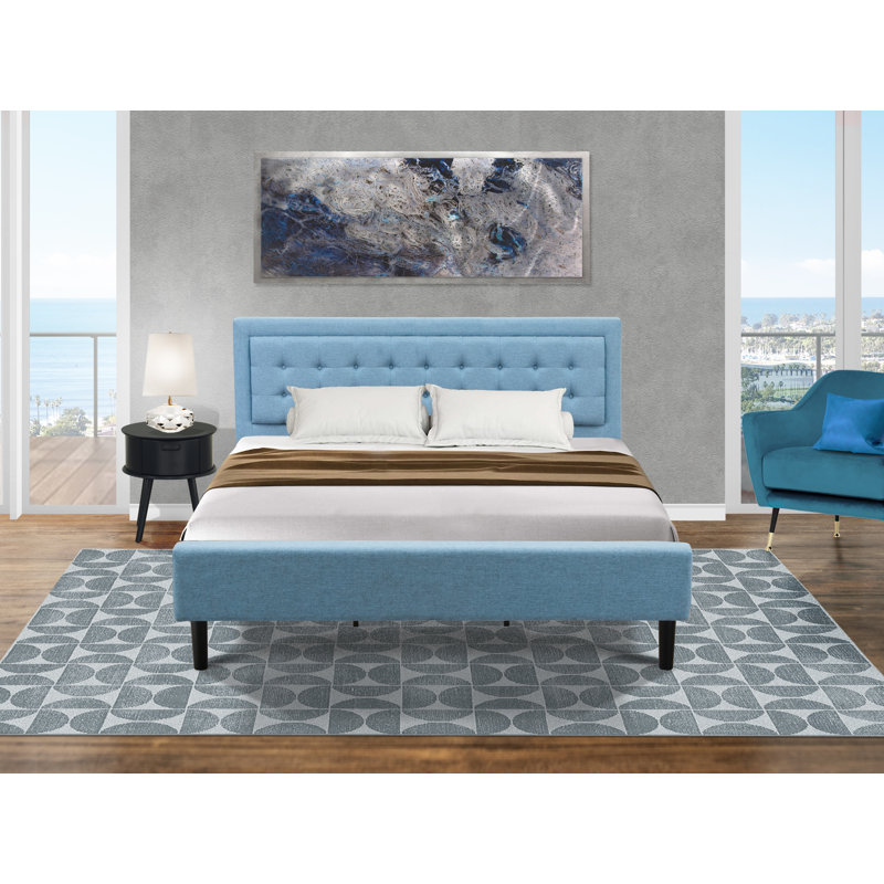 2-Piece Platform King Size Bed Set with 1 Mid Century Bed and a Navy Blue Bedroom Nightstand - Reliable and Durable Construction - Denim Blue Linen Fabric Bed