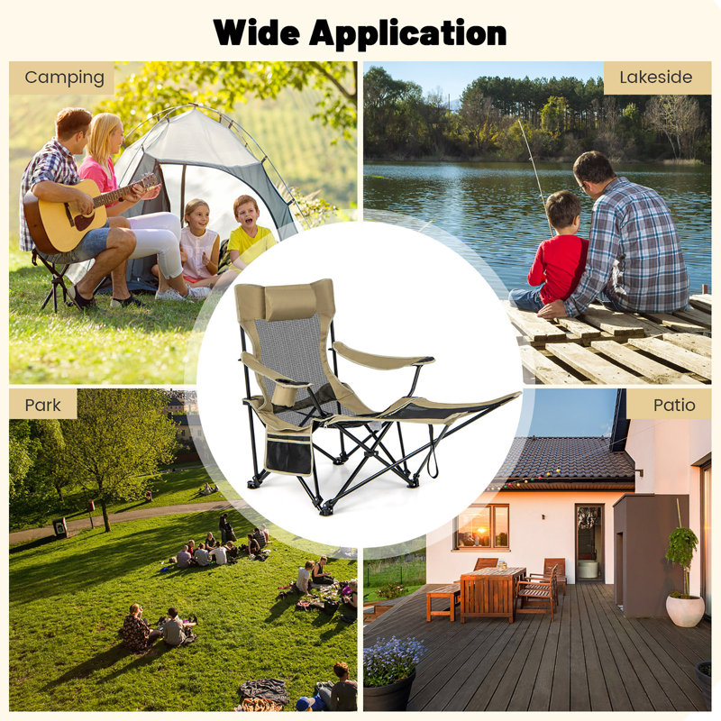 Camping Lounge Chair Adjustable Reclining Lounge Chair W/ Removable Footrest, Khaki