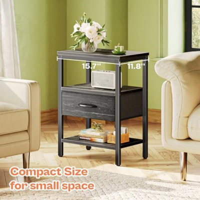 Table de chevet avec station de charge, table de chevet avec tiroir en tissu réglable, table de chevet pour la chambre à coucher, table de bout avec rangement à 3 niveaux, pour le salon, imprimé grain de bois noir anthracite, 8032DC