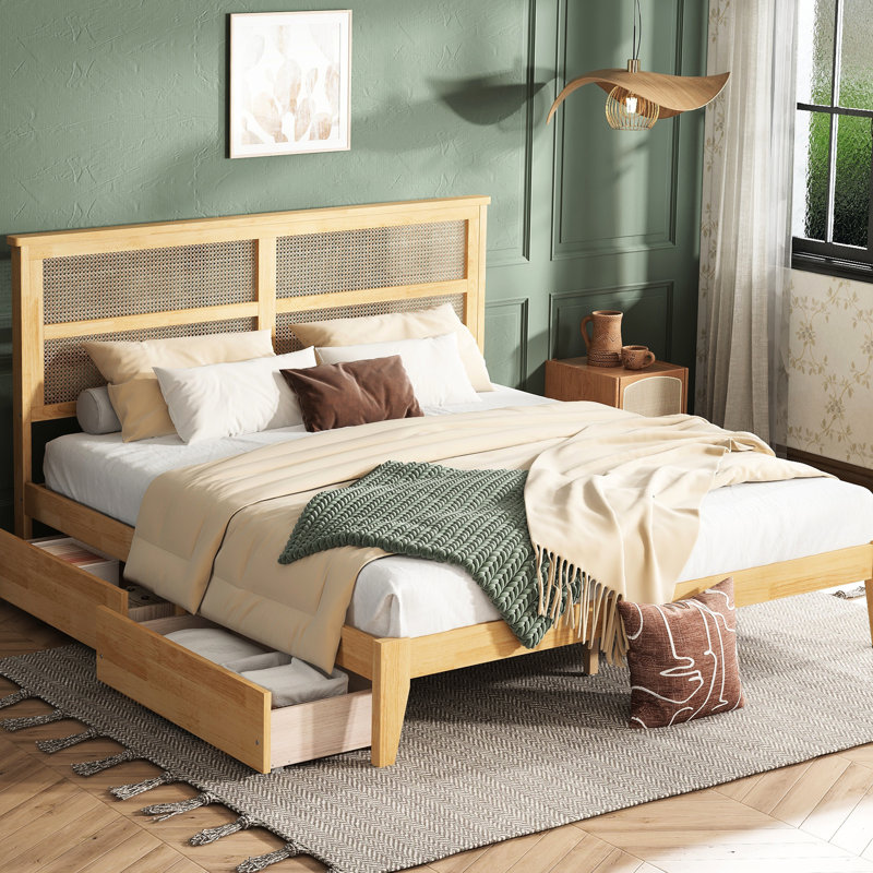 King Size Bed With Fascinating Woven Headboard And Two Practical Storage Units Drawers Functional