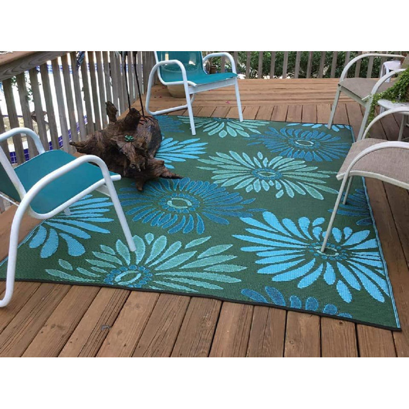 Floral Blue & Green Indoor/Outdoor Area Rug - UV Resistant, Reversible, Rectangle 4' x 6'