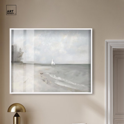 «Sail on Silver Sea Shadowbox», art côtier rétro par Art Remedy, cadre blanc, 45 x 36