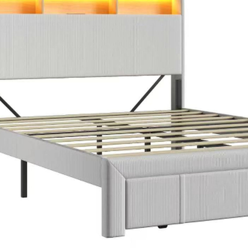 Lit rembourré avec tiroirs, tête de lit avec station de charge et lumières DEL, Grand lit, Beige
