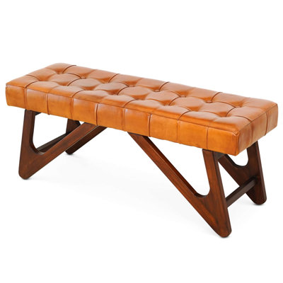 Mid-Century Modern Tan Leather Bench with Buttons and Solid Wood Frame