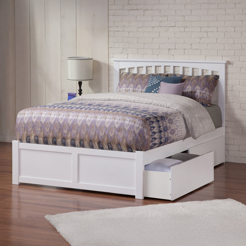 Lit plateforme en bois massif avec pieds de lit et tiroirs de rangement Mission, Lit double, White