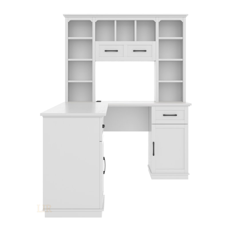 L-Shaped Computer Desk With 2 Cabinets, 2 Drawers, 11 Open Shelves, And Electrical Outlet For Study And Office, White