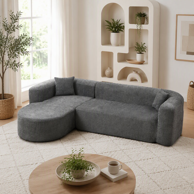 Canapé modulaire modulaire de luxe avec dossier incurvé de luxe, deux coussins décoratifs en tissu chenille, canapé en nuage minimaliste et confortable en forme de L pour le salon