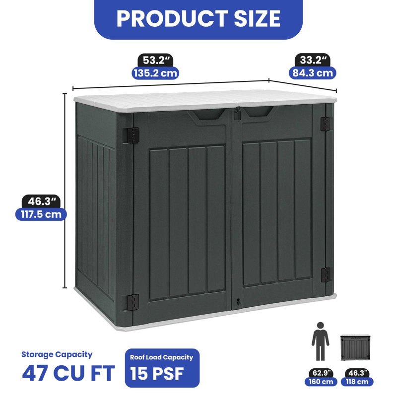 Outdoor Polyethylene Plastic Horizontal Storage Shed, White/Black, 46.30" H x 53.20" W x 33.20" D 