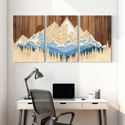 «Landscape & Nature Mountain Forest Sky Reflection Wood Art Design», ensemble de 3 impressions sur toile