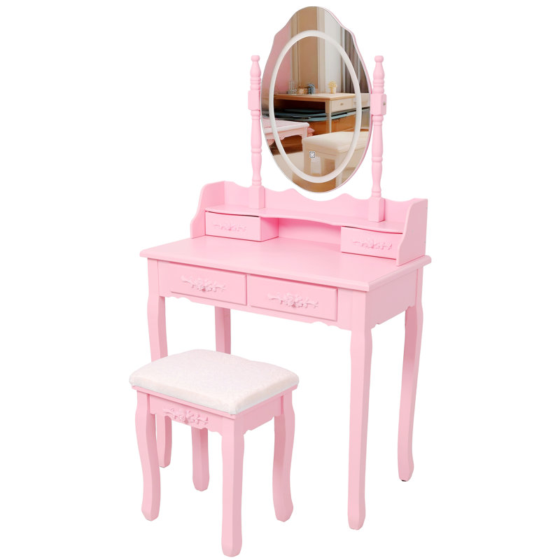 Ensemble de coiffeuse avec miroir et tabouret rembourré Pink Princess, Rose