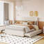 Lit plateforme double tapissier pleine grandeur avec 2 tiroirs et 1 lit gigogne simple, tête de lit classique, beige