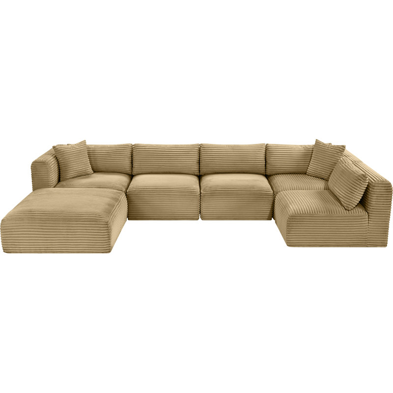 Canapé modulaire Carmean, Velours côtelé texturé Camel, 3 sans accoudoirs, 2 en coin, 1 repose-pieds
