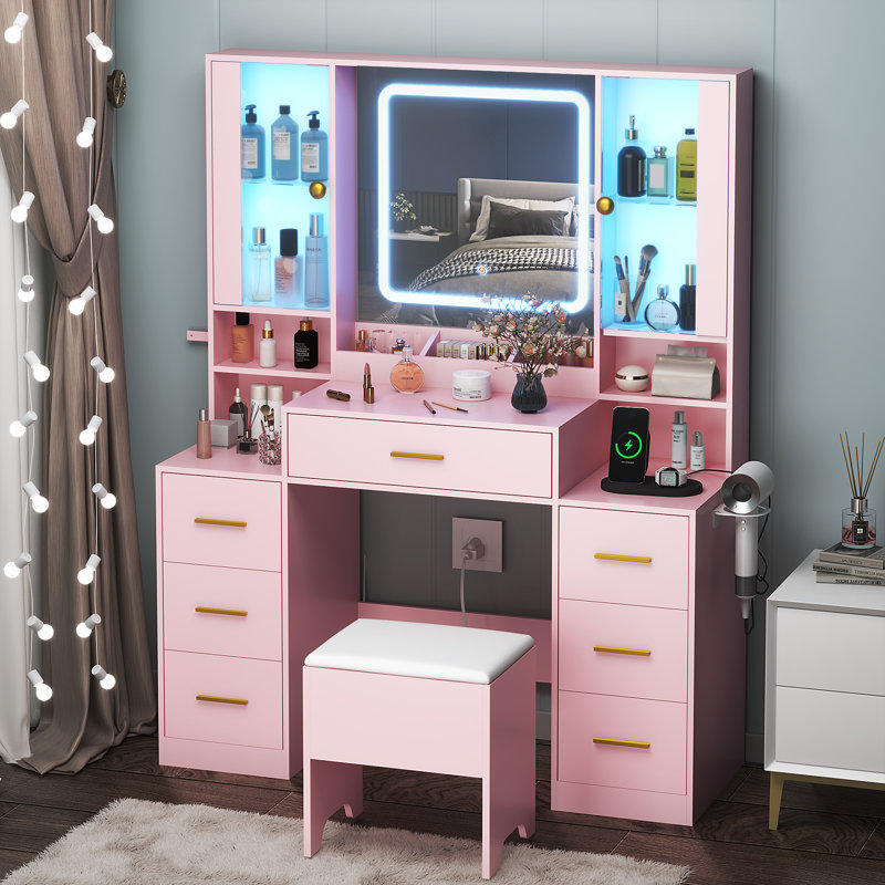 Ensemble de coiffeuse noire avec miroir à bande lumineuse DEL, 7 tiroirs et 2 armoires RVB, Rose