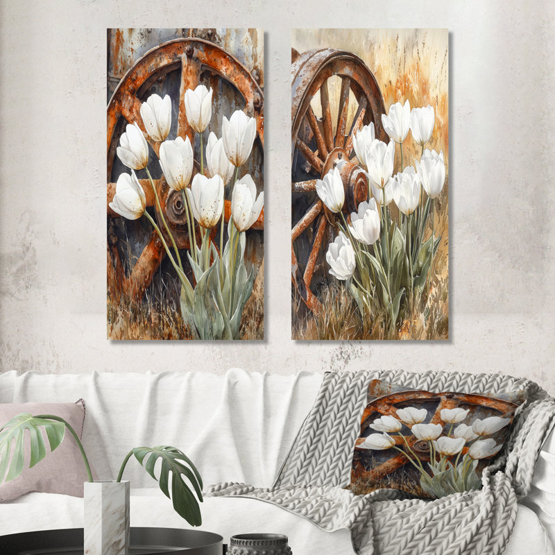 Tulipes par roue de chariot I - Art mural floral 2 pièces, Toile tendue, H 28 po x l 25 po