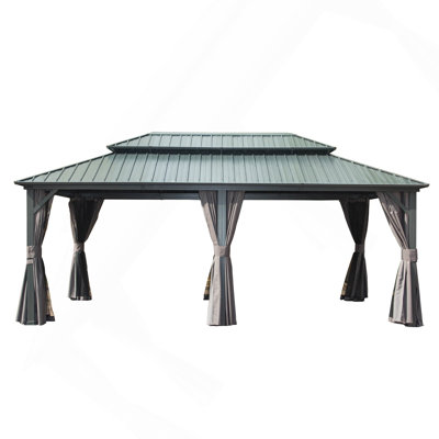 Pavillon de jardin à toit rigide de 12 pi x 20 pi, pavillon en métal et aluminium avec double toit en acier galvanisé, rideau et filet, pavillon de pavillon permanent