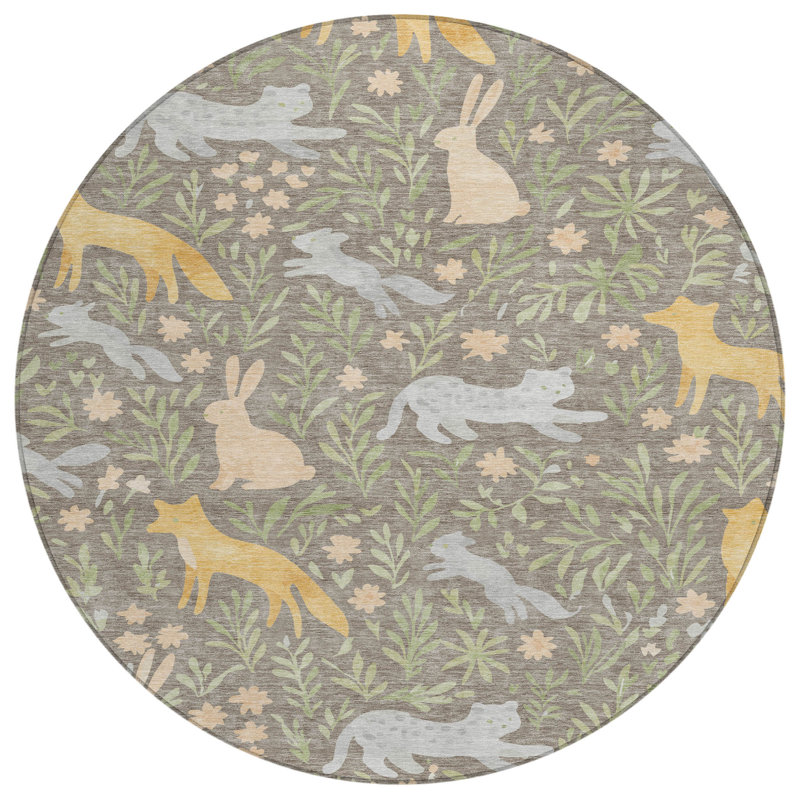 Tapis rond lavable 8 po Taupe and Green