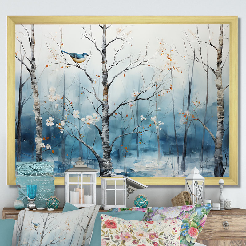 Harmonie hivernale bleue et blanche II, Cadre doré simple, H 24 po x l 32 po x P 1 po