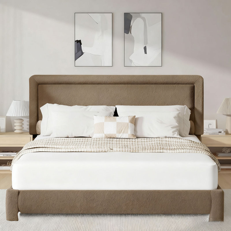 Boucle Upholstered Bed Frame  Soft Rounded Corners Headboard Low Profile Bed Frame No Box Spring Needed, Queen, Black