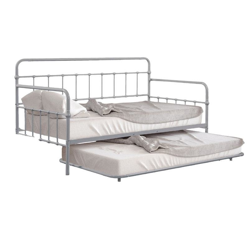 Lit de jour simple en métal avec lit gigogne, design contemporain argenté, structure complète, structure inspirée des tuyaux, finition pour matelas de 1 pièce, style, design