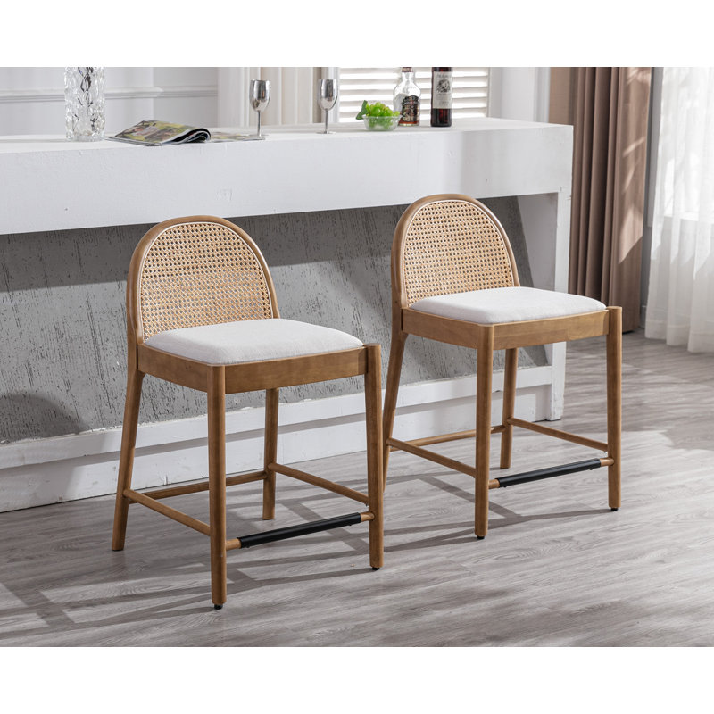 Beige Wood Counter Stools with Rattan Backrests, Set of 2