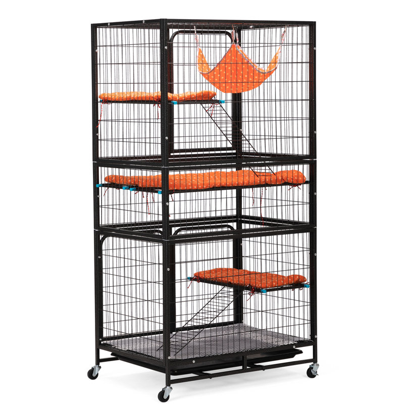 Volière 4 étages pour animaux - noir et orange, pour chats, chinchillas, chatons, cochons d'Inde, avec structure, cochons et orange