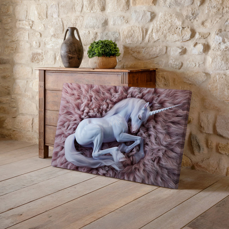 Toile, une licorne endormie sereine repose sur un fond rose pastel duveteux, ses caractéristiques délicates doucement illuminées par l'art mural