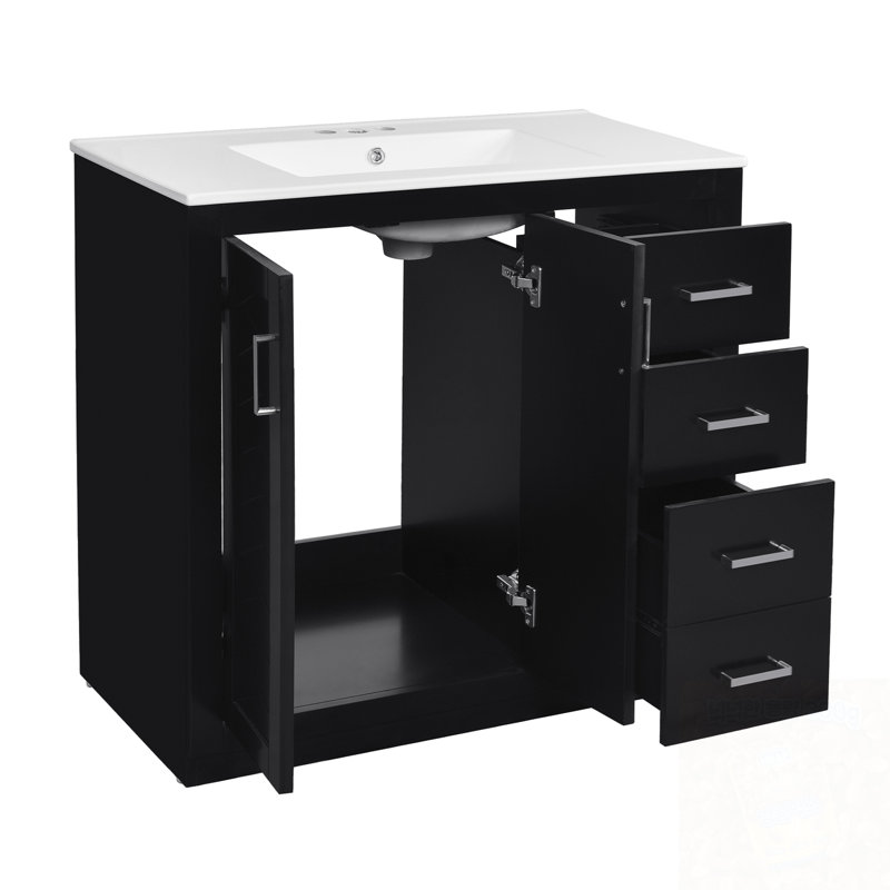 Meuble-lavabo avec lavabo en céramique, 3 tiroirs et poignées en métal, Noir