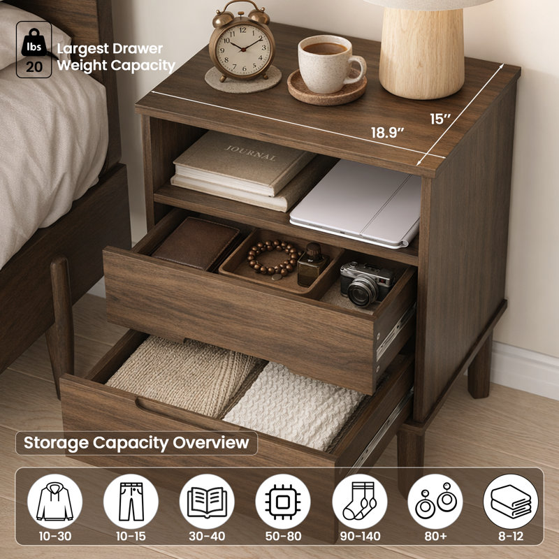  Mid-Century Modern Nightstand with Open Shelf and Charging Station, Dark Walnut