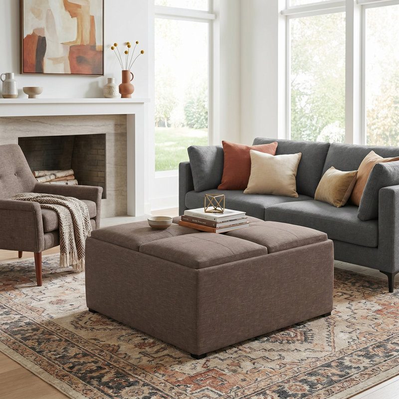 Repose-pieds de rangement pour table basse moderne en tissu d'aspect lin de 35 po avec 4 plateaux rabattables Avalon