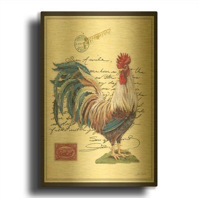 «Postage Stamp Rooster» par Jean Plout, art mural en métal doré, 24 po x 36 po