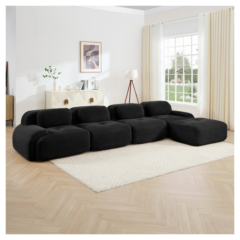 Black 4-Seat L-Shaped Modular Corduroy Sectional Sofa with Chaise Lounge, No Assembly Required, 27.5" H x 151.9" W x 40.5" D