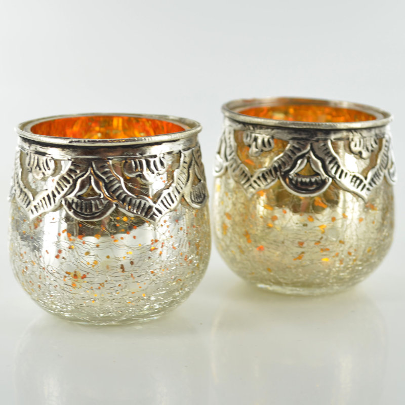 2 Piece Glass Tabletop / Centrepiece Votive Holder Set, Silver/Gold