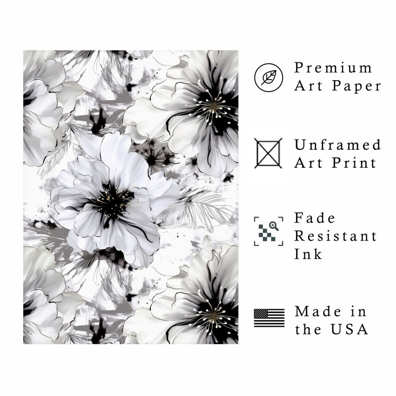 Floral noir et blanc, fleurs IV, reproduction d'art moderne sans cadre, H 14 po x l 11 po