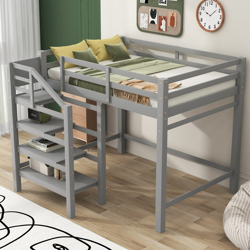 Lit mezzanine avec escalier de rangement intégré et cintre pour les vêtements, Gris