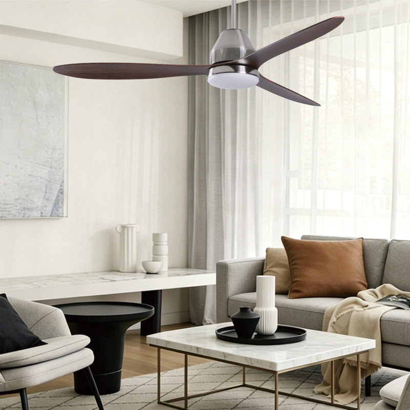 Ventilateur de plafond intelligent WiFi de 56 po pour intérieur/extérieur, alimentation CC, avec lumière DEL et télécommande, résistant à l'humidité, fini chromé brossé et pales en koa