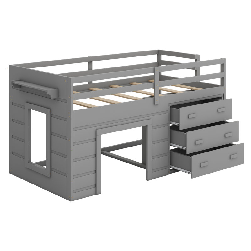 Loft Bed With Drawers And Shelf, Gray