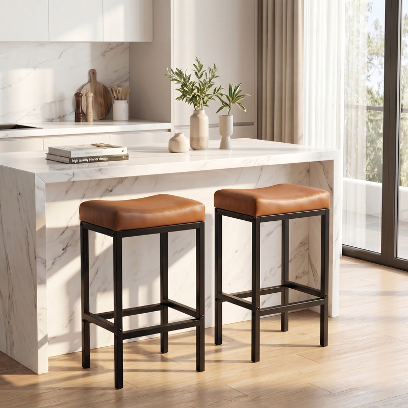 Bar Stools Set Of 2, 25" Backless Counter Height Bar Stools With Soft Leather Seat And With Footrest, 400 Lb Heavy Duty Padded Saddle Barstool Chair For Modern Kitchen Island Counter