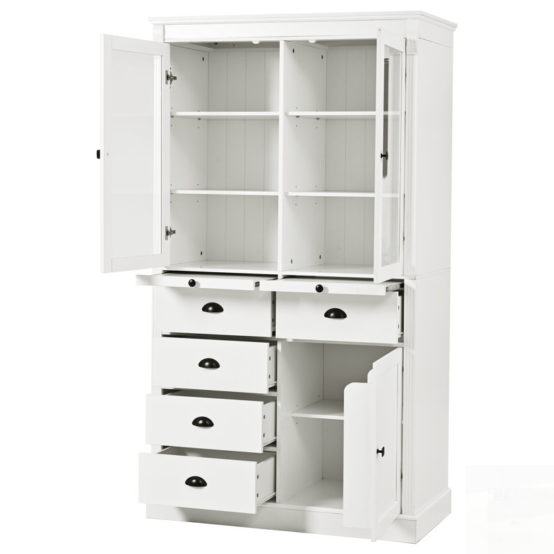Garde-manger avec portes en verre, vitrine, tiroirs et tablettes pour un rangement et une organisation élégants, Blanc