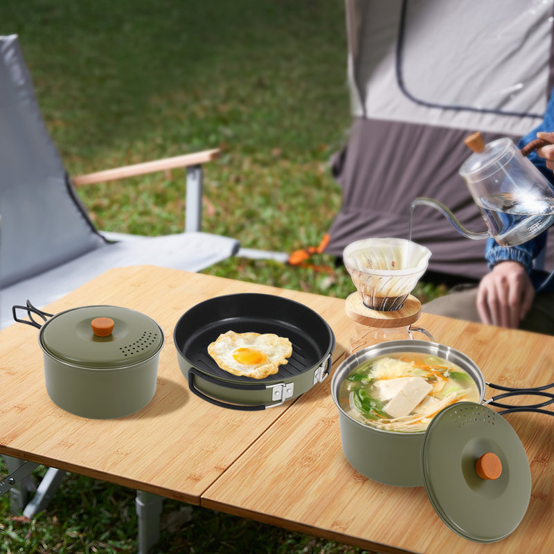 3pcs Stainless Steel Cookware Set Camping Pots and Pans, Green
