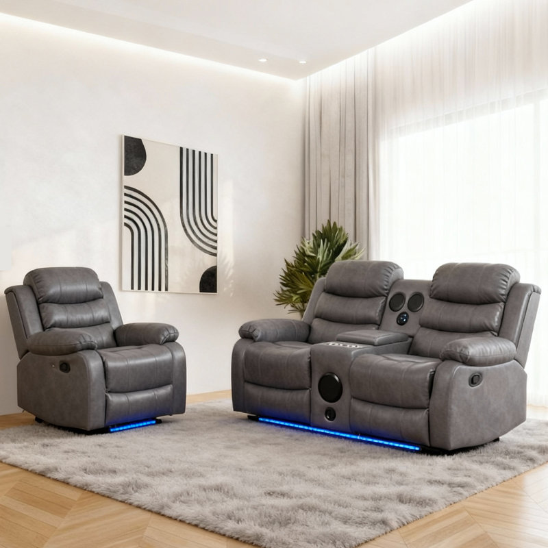 2-Piece Faux Leather Manual Reclining Living Room Set with a Manual Recliner & a Loveseat, Gray