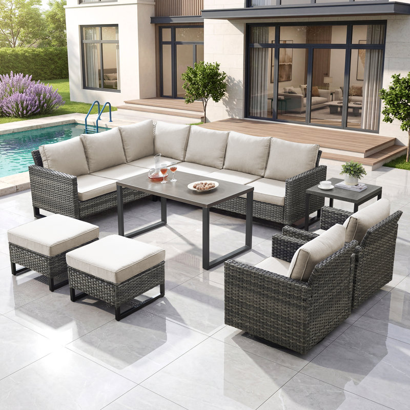 8 - Person Patio Conversation Set with Cushions, Beige