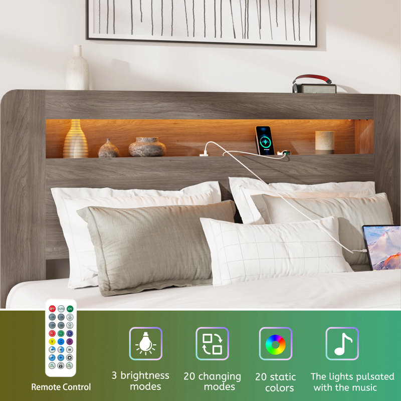 Cadre de lit, cadre de lit plateforme en bois avec tête de lit à DEL avec rangement et 2 ports USB, silencieux, aucun sommier nécessaire et outil d'assemblage facile, grand rangement sous le lit, gris foncé
