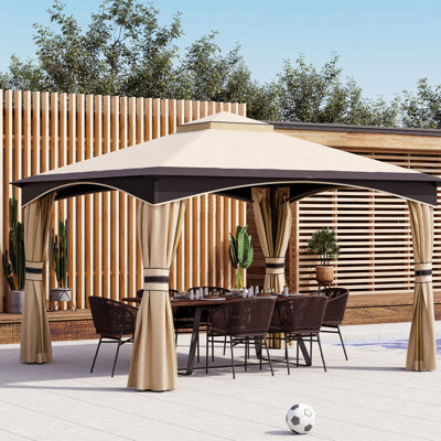 Abri de jardin avec 2 auvents, structure en acier, écran fermé, drainage de l'eau pour la cour arrière et la grande cour arrière ventilée, terrasse