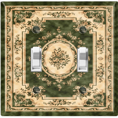 Elegant Beige Green Carpet Rug Print 2 - Gang Toggle Light Switch Standard Wall Plate