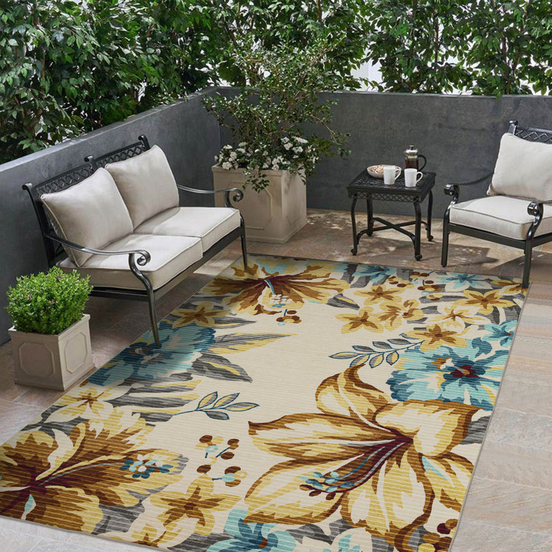 Blodewn Outdoor Rug Floral Design Large Area Rug Yellow Blue, Rectangle 5' x 7'