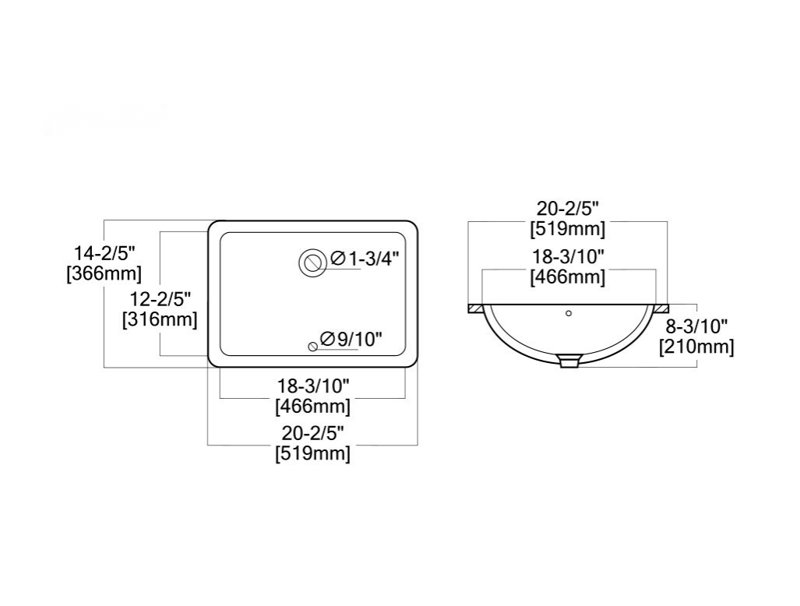 21"X14"  Ceramic Rectangular Undermount Bathroom Sink With Overflow