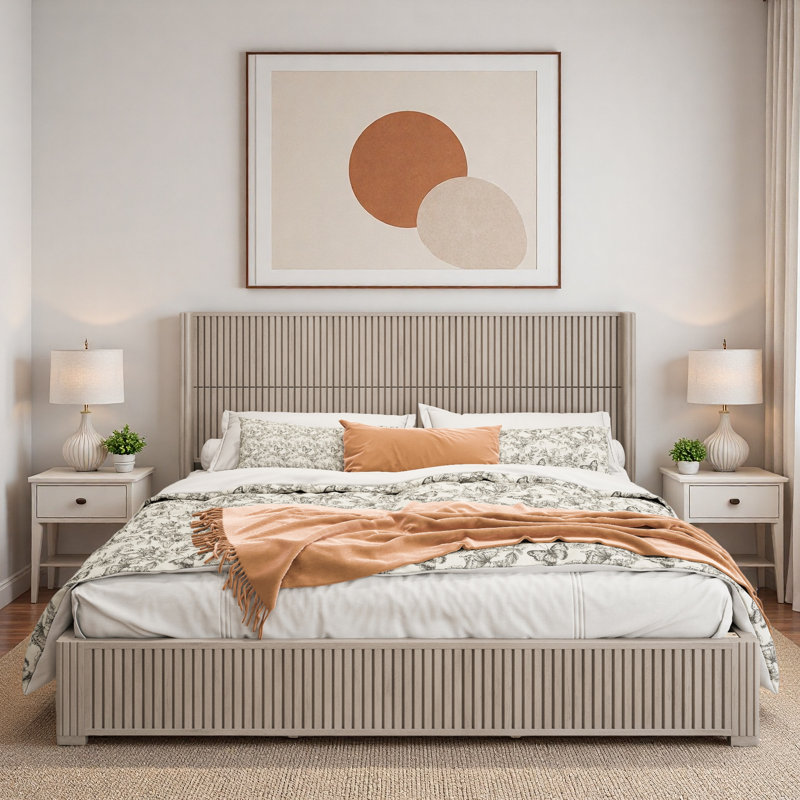 Lit plateforme en bois avec décoration grain de bois vertical, Beige, Très grand lit