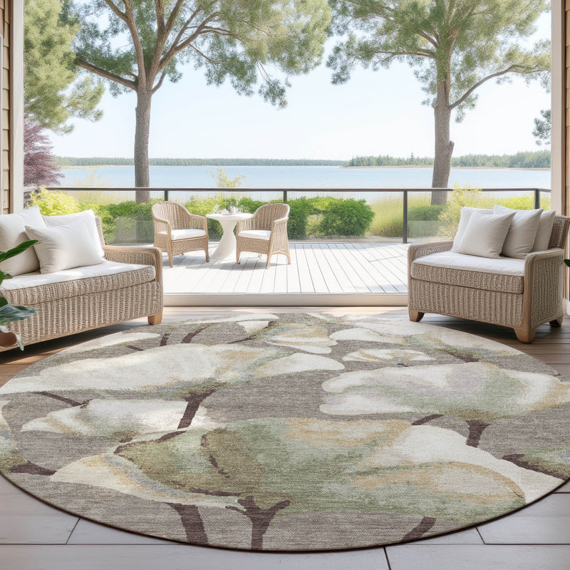Machine Washable Indoor/Outdoor Raemoore ACN2405 Botanical Rug, Round 8'