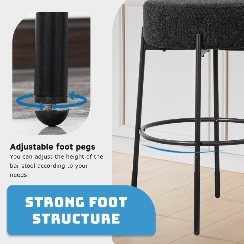 Modern Bar Stools Set of 2 with Round Soft Padded Boucle Backless Seat and Metal Base,, Black